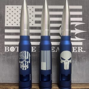 30MM Bullet Bottle Opener in blue with american flag skull, american flag, or punisher logo