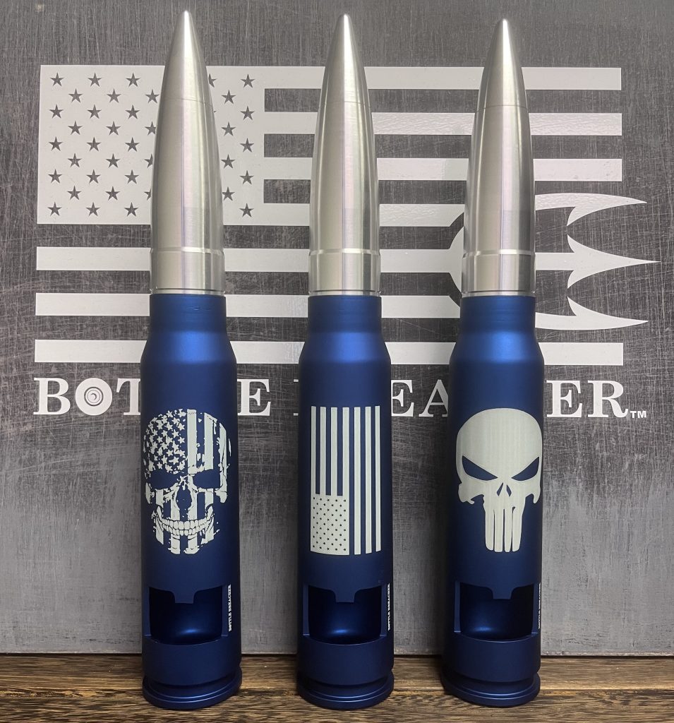 30MM Bullet Bottle Opener in blue with american flag skull, american flag, or punisher logo