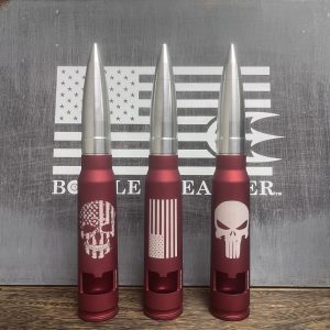 30MM bullet bottle opener, skull american flag, american flag and punisher logos