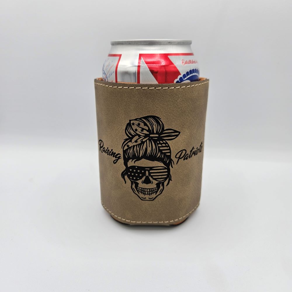 Raising patriots beer coozie with canned beer inside