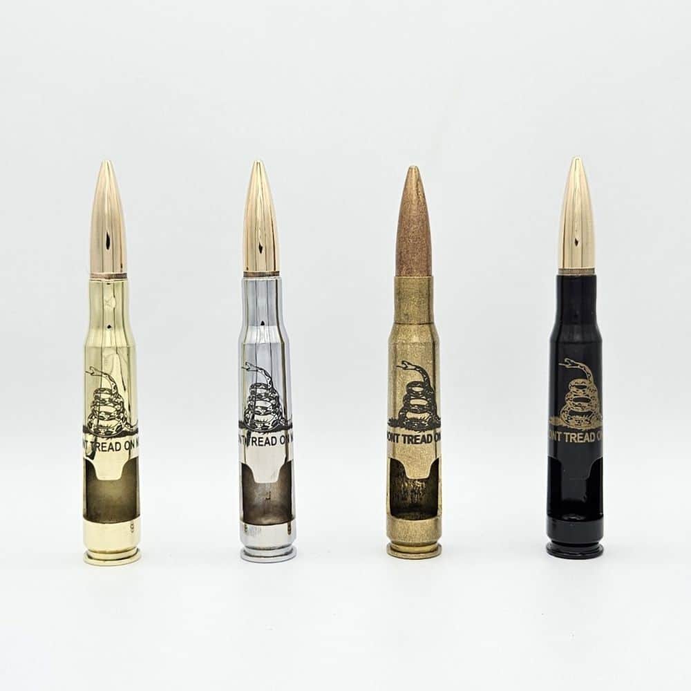 don't tread on me .50 caliber bullet bottle openers in four finishes