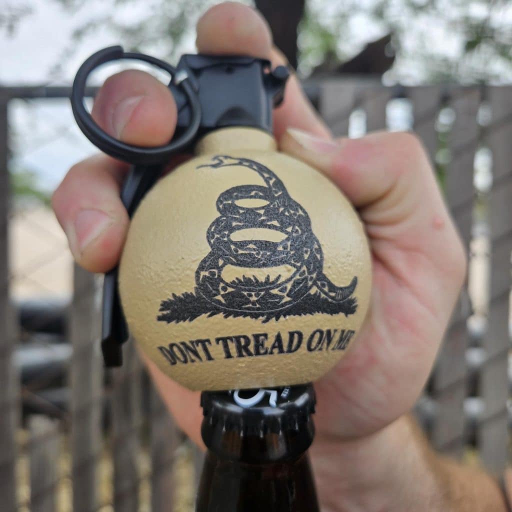 freedom frag bottle opener with don't tread on me logo
