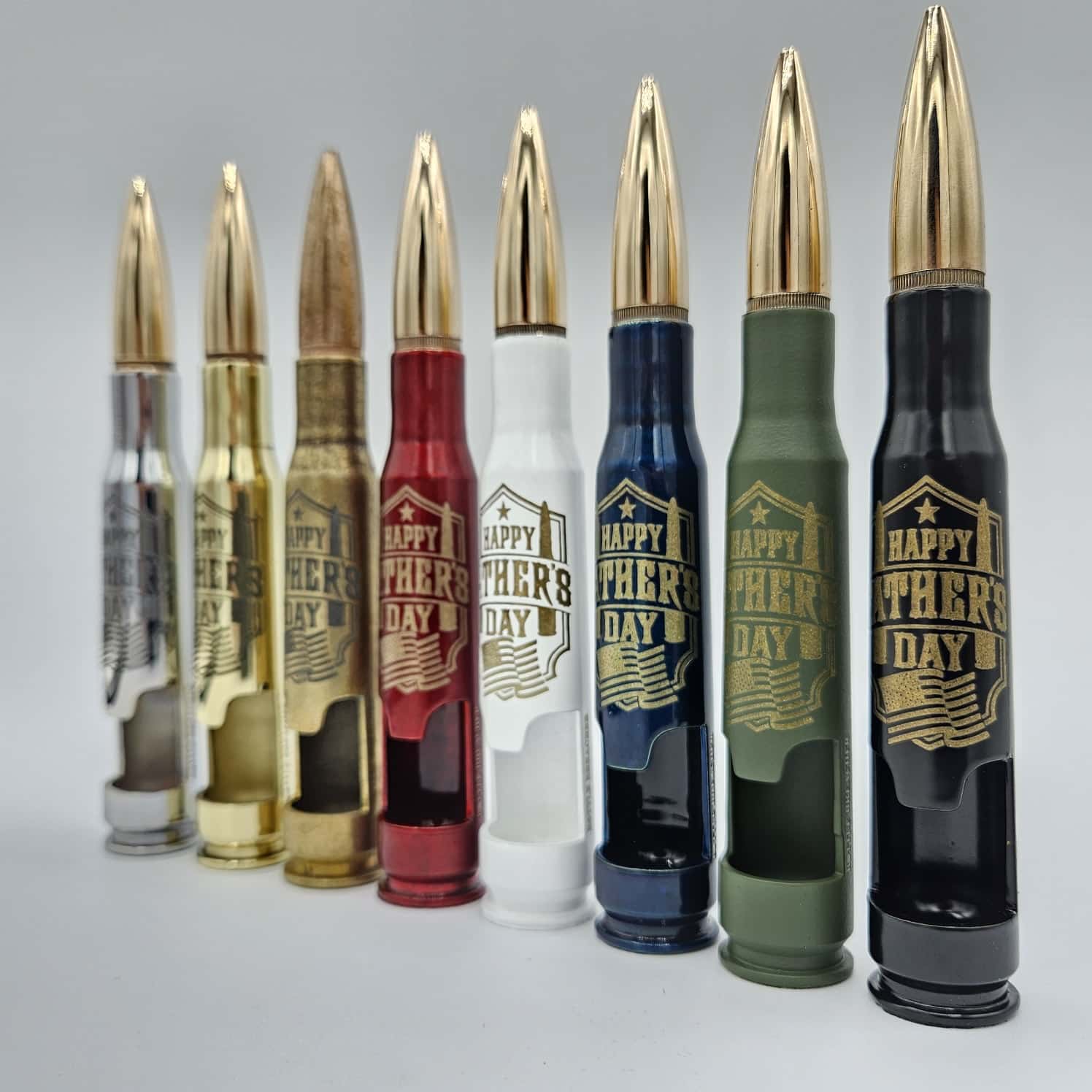 Happy Father's Day .50 cal bullet bottle opener line up in every color vaiation
