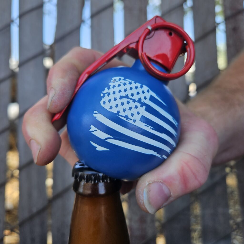tattered American Flag laser engraved dummy grenade bottle opener